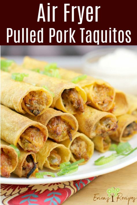 Air fryer taquitos with a flavorful cheesy filling using leftover pulled pork. Make these crispy taquitos for a fun dinner on taco night, game day food, or gluten-free snack. Pork Taquitos Air Fryer, Pulled Pork Taquitos Air Fryer, Leftover Pulled Pork Recipe, Air Fryer Pulled Pork, Pulled Pork Taquitos, Pork Taquitos Recipe, Crispy Taquitos, Pork Taquitos, Air Fryer Taquitos