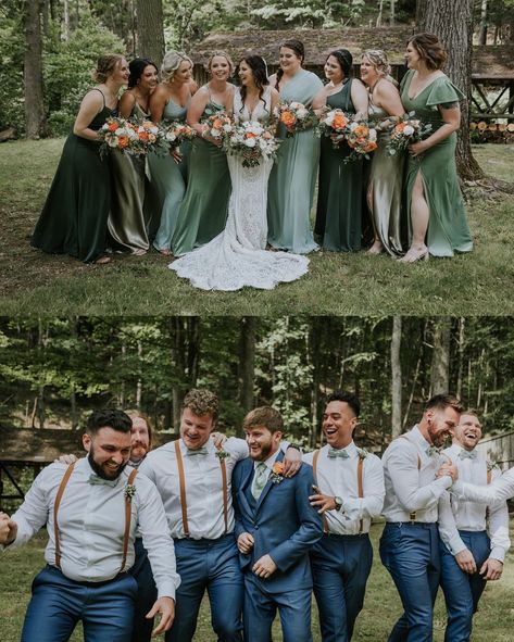 One of the sweetest and most heartfelt days. 💗 Happy first wedding anniversary, Holly and Tyler! Cheers to forever adventuring together! Vendors who made their day amazing: Venue: @thecampatbuffalomountain Videographers: @radiantmountainmedia Coordinator: Vanessa Canter, @canter_entertainment Officiant: Rick Toomey Florist: @simplyyoursandco Beauty: @powerponystudios Dress: @bluewillowbridal1 Veil: @veilsbysarah Bridesmaids’ Dresses: @birdygrey Groom & Groomsmen Suits: @bluewillow... Green Bridesmaid And Blue Groomsmen, Green Bridesmaid Dresses And Navy Suits, Navy Blue And Green Groomsmen, Groomsmen With Sage Green Bridesmaids, Shades Of Green And Blue Bridesmaid Dresses, Green And Blue Groomsmen, Navy And Green Bridal Party, Blue And Green Bridal Party, Bridesmaid Dresses And Groomsmen Suits