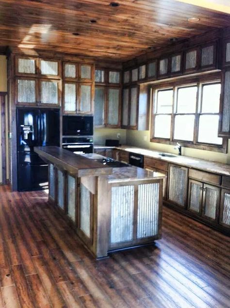 This is awesome! Kitchen Island With Barn Tin, Rustic Tin Cabinets, Tin Kitchen Cabinets, Rustic Trailer Remodel, Trailer Remodel Doublewide, Western Kitchen Decor, Rustic Bathroom Remodel, Western Kitchen, Barn House Interior