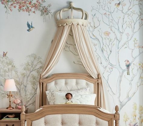 Disney Princess Bedding & Room Decor | Pottery Barn Kids Wooden Crown Decoration, Canopys For Beds, Royal Princess Nursery, Classy Princess Bedroom, Magic Kingdom Nursery, Crown Canopy Over Bed, Ballet Themed Nursery, Modern Princess Bedroom, Carousel Nursery Theme