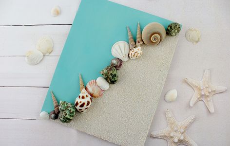 Sand and Shell Canvas Art Shell Canvas Art, Art Diy Canvas, Bathroom Art Diy, Shell Canvas, Art Coquillage, Seashell Projects, Shell Crafts Diy, Beach Diy, Seashell Art