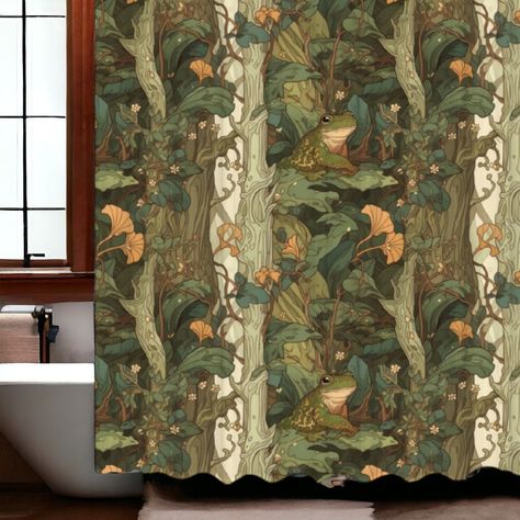 Olive Bathroom, Frog Bathroom, Botanical Shower Curtain, Modern Cottagecore, Cottagecore Home, Bath Curtain, Cottage Charm, Green Frog, Whimsical Decor