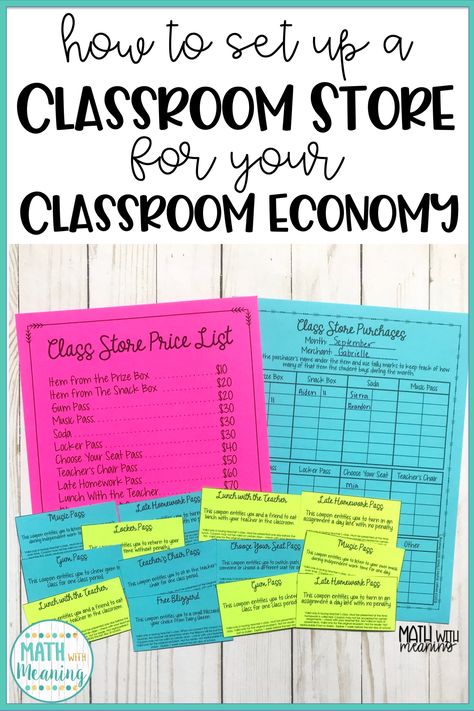 Learn how to set up a classroom store run by students for your classroom economy! Class Economy Rewards, Classroom Economy Rewards, Classroom Individual Reward System, Classroom Money Reward System Middle School, Money Classroom Management Reward System, Classroom Economy System Elementary, Classroom Store Ideas Middle School, Money System In Classroom, Classroom Token Economy System