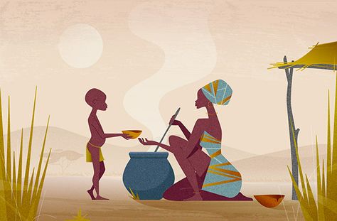 African village, african woman feeding a hungry child #AFRICA #AFRICAN FAMILY #ETHNIC #FOOD #HUNGER #ILLUSTRATION #LANDSCAPE Hunger Illustration Art, African Family Art, African Cartoon Art, African Illustration Design, Africa Illustration Art, African Food Illustration, African Village Illustration, African Illustration Art, African Village Art