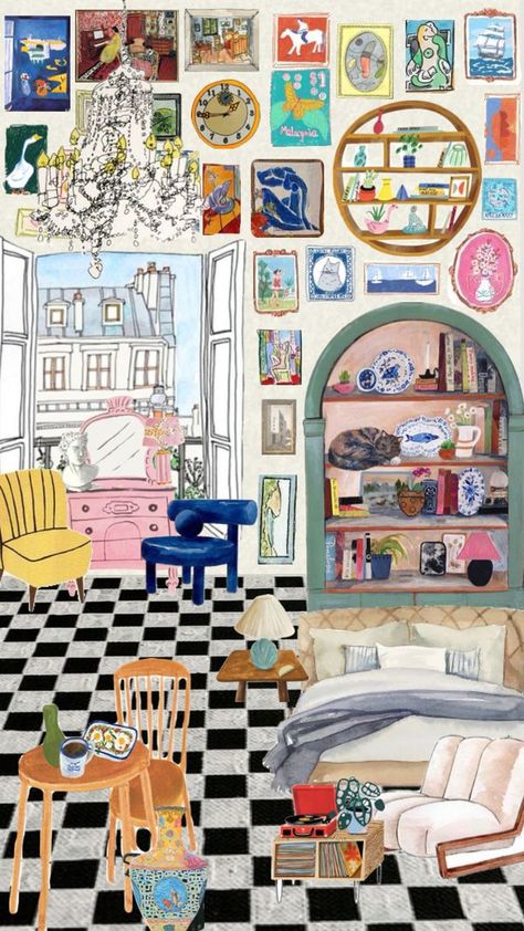 Check out sophiavlin's Shuffles bedroom collage painting art #moodboard #bedroom #drawing #bed #plants #art #collage Shuffles Bedroom, Drawing Bed, Eclectic Collage, Bed Plants, Bedroom Collage, Funky Wallpaper, Candy Poster, Colorful Things, Plants Art