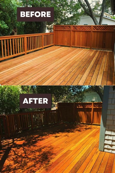 Deck Modern Design, Wood Stain Colors On Pine, Stain Colors On Pine, Stain Hacks, Exterior Wood Stain Colors, Modern Decks, Deck Stain Ideas, Deck Transformation, Backyard Deck Ideas On A Budget