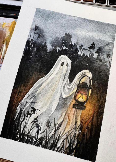 Dark Watercolor, Horror Watercolor, Halloween Gouache Painting, Spooky Watercolor, Horror Watercolor Art, Halloween Watercolour Painting, Watercolour Ghost Painting, Haunted House Watercolor Painting, Watercolor Art Landscape