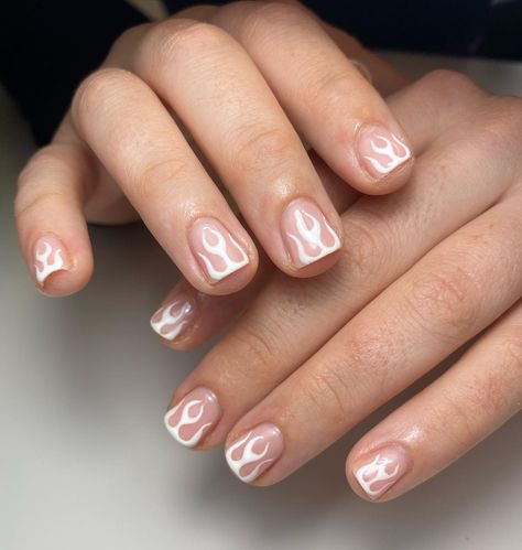 Short white flame nails Short Flame Nails Designs, Short Nails Flames, Short Acrylic Nails Flames, Flame Short Nails, Flame Gel Nails Short, White Flame Nails, Flame Nails Short, Short Flame Nails, Flame Nails On Short Nails