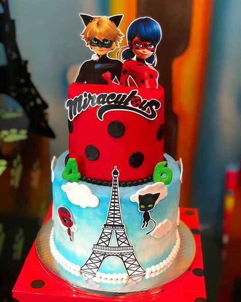 two tier miraculous ladybug cake with eiffel tower, polka dots, cat noir Bug Birthday Cakes, Miraculous Ladybug Toys, Miraculous Ladybug Party, Ladybug Cakes, Bug Cake, Ladybug Cake, Ladybug Birthday Party, Ladybug Birthday, Ladybug Party