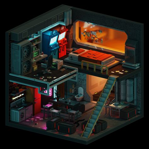 Cyberpunk Room - Voxel art on Behance Cyberpunk Room Ideas, Cyberpunk House, Cyberpunk Interior, Cyberpunk Room, Voxel Art, 2d Illustration, Isometric Art, Isometric Design, Futuristic Interior