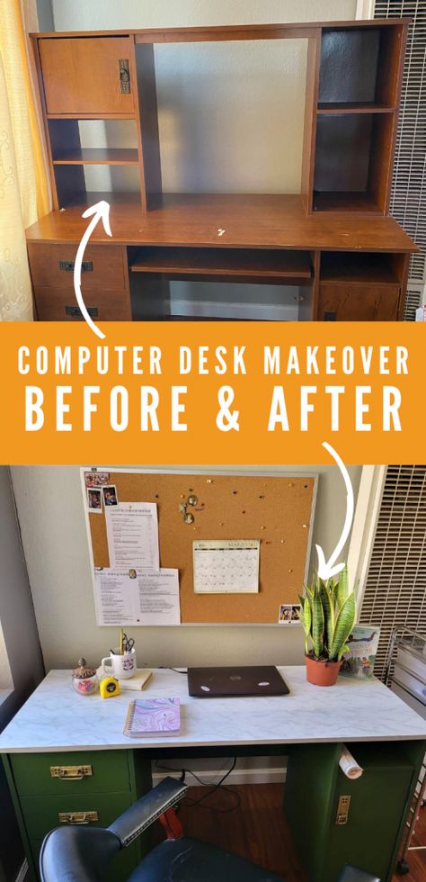 Old Computer Desk Into Modern Work Station - Thun Improvements Old Computer Desk Makeover, Repurpose Old Desk Ideas, Old Desk Repurpose, Oak Desk Makeover, Computer Desk Makeover, Small Computer Hutch, Old Desk Makeover Diy, Computer Table With Book Shelf, Ikea Computer Desk