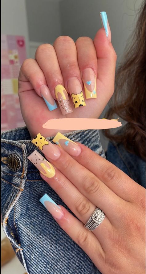 winnie the pooh nail art 💛🩵 #acrylic #nails #nailart #naildesign Winnie The Pooh Nail Art, Pooh Nail Art, Simple French Tip, Mosaic Nails, Gender Reveal Nails, Disneyland Nails, Baby Shower Nails, Nails Grey, Disney Inspired Nails