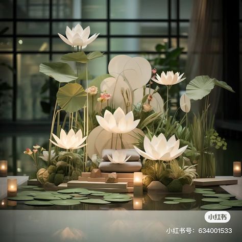 Zen Theme Party, Light Decoration For Ganpati, Lotus Decoration, Gauri Decoration, Ambience Decor, Chinese Style Interior, Princesa Tiana, Mall Decor, Summer Deco