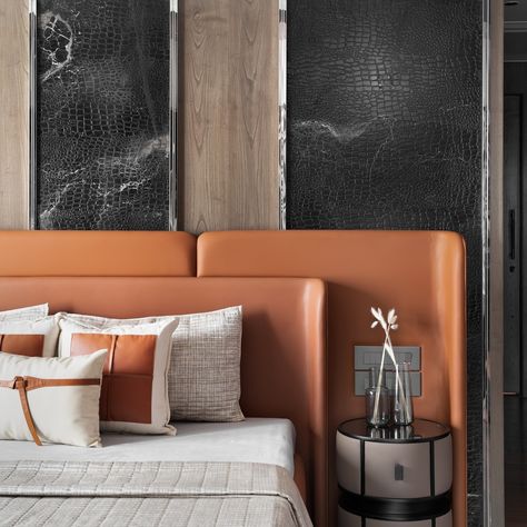 This bold eclectic style bedroom showcases a perfect harmony of contrasting elements, where style meets sophistication. The striking black leather wall panel, enriched with veneer detailing, adds a touch of modern luxury, while the rust orange bed back infuses the room with warmth and vibrancy. The unique combination creates an inviting ambiance that exudes both confidence and elegance, making this space truly unforgettable. Every design choice in this room reflects a commitment to bold creat... Eclectic Style Bedroom, Orange Bed, Leather Wall Panels, Bold Eclectic, Wall Panel Design, Leather Wall, Bed Back, Style Bedroom, Perfect Harmony