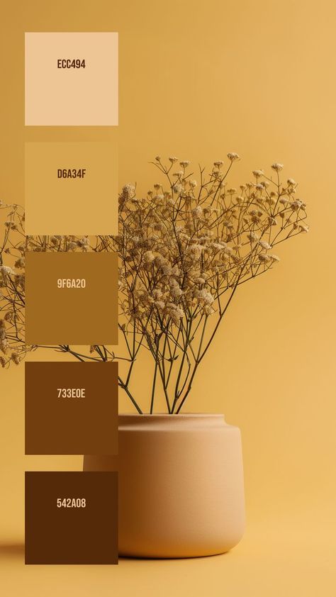 Colors:
ECC494 ° D6A34F ° 9F6A20 ° 733E0E ° 542A08 Monochromatic Yellow, Asian Style Art, Flat Color Palette, Yellow Palette, Website Color Palette, Monochromatic Color Palette, Color Design Inspiration, Hex Color Palette, Yellow Colour Scheme