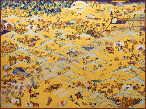 B.Sharav, the founder of modern Mongolian fine art, depicted “One Day in Mongolia” painting between 1911 -1913. This work literally brims over with the joyful richness and funny details of the daily life of the Mongolians from the Khangai (mountainous) landscape to the Gobi Desert. Mongolia Art Painting, Mongolian Art Painting, Mongolia Painting, Mongolia Art, Mongol Art, Mongolian Desert, Mongolian Art, Japanese Calligraphy Art, Basketball Drawings