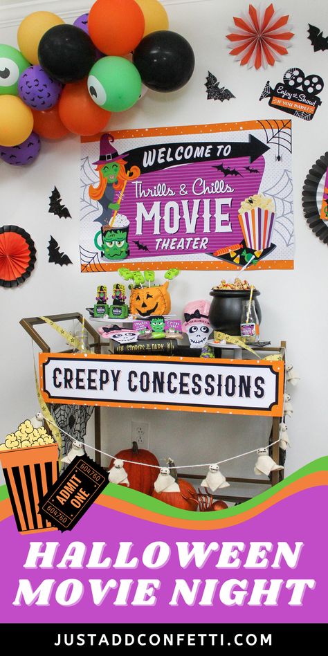 Welcome to Thrills & Chills Movie Theater! Full of spooky cute Halloween movie night party ideas, decorations, snacks and printables, this celebration is so much fun! Be sure to check out all of the party printables available in my Just Add Confetti Etsy shop. Also, head to justaddconfetti.com for even more Halloween party ideas and fun Halloween foods to celebrate spooky season! I also have a bunch of Halloween gift ideas for kids. Perfect for school Halloween parties and handouts. Halloween Movie Night Party, Movie Night Printables, Movie Night Decorations, Movie Night Gift Basket, Halloween Movie Night, Halloween Party Decoration, Super Mario Birthday Party, Movie Snacks, Pokemon Birthday Party