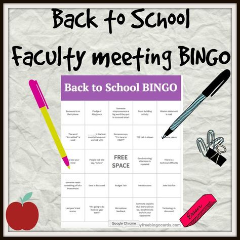 Mskcpotter: FREE Faculty meeting back to school BINGO Back To School Bingo, Secondary English Classroom, School Team Building, Sunshine Committee, Faculty Meetings, Teacher Morale, Teacher Leadership, Back To School Funny, Teacher Motivation