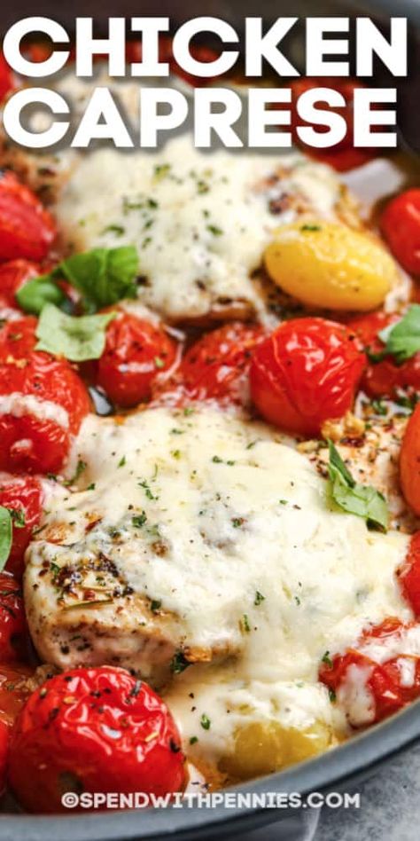 This cherry tomato chicken recipe is ready in just over 20 mins! It is an easy elegant weeknight dinner made with chicken, tomatoes, mozzarella, bacon, and fresh basil. It is a family favorite you are sure to enjoy. #spendwithpennies #chickencaprese #capresechicken #easychickenrecipe #chicken #maincourse #cherrytomatochicken Chicken Caprese Recipe, Chicken Tomatoes, Chicken Caprese, Food Savory, Tomatoes Mozzarella, Tomato Chicken, Sides Recipes, Italian Herbs, Spend With Pennies