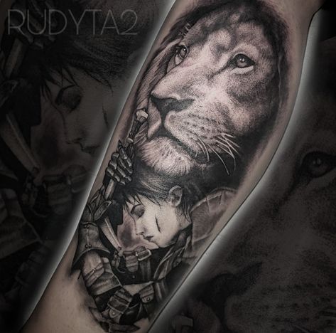 A black and grey tattoo of a lion and female warrior done on the leg.   #lion #liontattoo #rudyta2 #clovisink #tattoo #artist #artwork #realism #realistictattoo #blackandgrey #warriortattoo #cooltattoos #besttattoos #tattoomagazine #stencilstuff Fairy And Lion Tattoo, Female Warrior Tattoo Design, Female Warrior Tattoo Sleeve, Female Warrior Tattoo Strength, Warrior Princess Tattoo, Warriors Tattoo, Warrior Tattoo Design, Lace Tattoos, Warrior Tattoo Sleeve