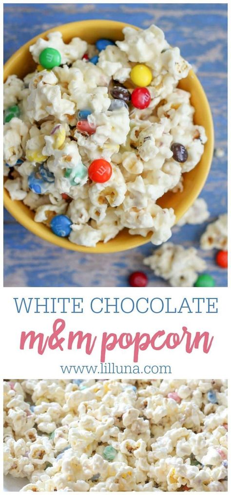 White Chocolate Popcorn Mix, Popcorn Snack Mix Recipes, Popcorn Mix Recipes, White Chocolate Popcorn Recipe, Popcorn Recipes Chocolate, Popcorn Recipes Sweet, Carmel Popcorn, Popcorn Recipes Easy, Chocolate Covered Popcorn