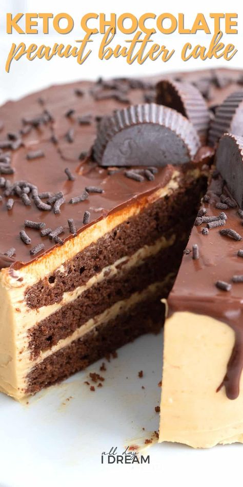 This Keto Chocolate Peanut Butter Cake is over-the-top delicious. Three layers of tender low carb chocolate cake with sugar-free peanut butter frosting and a rich chocolate glaze. It's a peanut butter lover's dream! Sugar Free Peanut Butter Desserts, Gooey Desserts, Low Carb Chocolate Cake, Sugar Free Peanut Butter, Keto Treats, Keto Baking, Chocolate Peanut Butter Cake, Food Keto, Keto Sweets