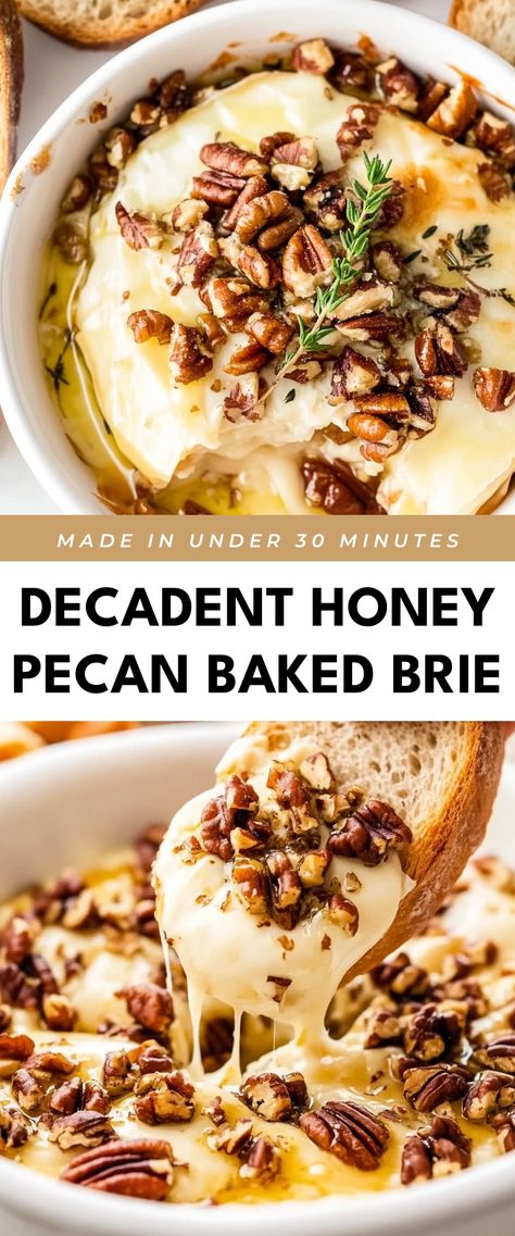 Image for Decadent Honey Pecan Baked Brie Honey Pecan Brie Bites, Pistachio Honey Baked Brie, Baked Brie Honey Pecans, Brie Pecan Appetizer, Baked Brie With Walnuts And Honey, Baked Brie Gluten Free, Brie Cheese Baked, Baked Brie In Brie Baker, Baked Brie And Honey