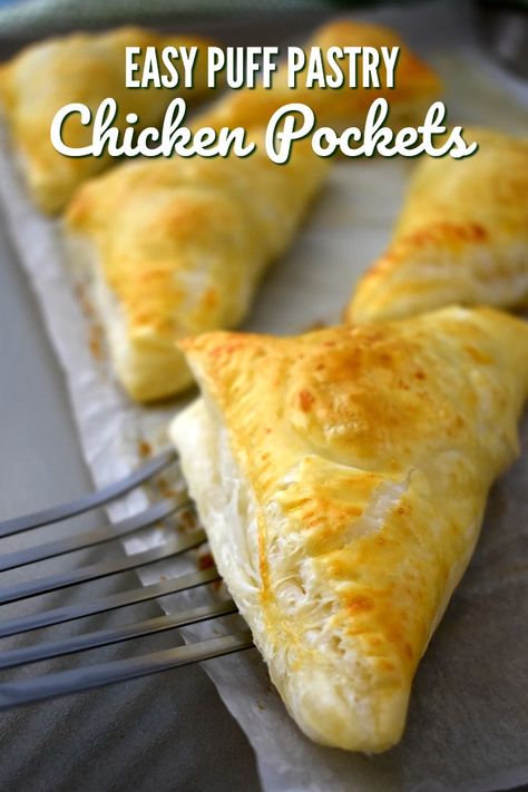 Puff Pastry Wrapped Chicken, Puff Pastry Chicken Bundles, Chicken In A Pastry, Chicken Hand Pies Puff Pastries, Chicken Pasty Puff Pastries, Chicken In Pastry Recipes, Recipes Using Puff Pastry Dinners, Pastry Puff Dinner Recipes, Puff Pastry Recipes With Chicken