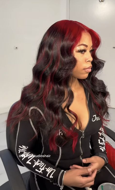 Red Money Pieces On Dark Hair, Skunk Stripe Red And Black, Half Burgundy Half Black Hair, Burgundy Wig Highlights, Red And Black Quick Weave, Black And Red Ombre Hair, Red Hair Black Roots Ombre, Red Hair With Black Tips, Black And Red Weave