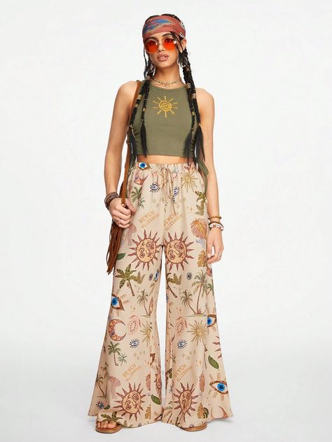 ROMWE Hippie Bohemian Holiday Moon, Stars & Sunflower Printed Casual Flared Pants | SHEIN South Africa Looks Hippie, Bohemian Holiday, Romantic Outfit, Sunflower Print, Moon Stars, Flared Pants, Summer Fashion Outfits, Hippie Bohemian, Vintage Boho