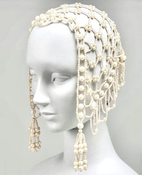 1920s Pearl Headpiece, Pearl Head Dress, 1920s Headdress, Crochet Headpiece, Victorian Headpiece, Pearl Head Piece, Beaded Headdress, Pearl Hat, قلادات متدلية