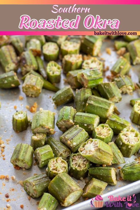 Okra doesn't have to be fried to be delicious, try this roasted okra with simple seasoning and some garlic and you won't look back! This easy veggie side dish is packed full of flavor, and is much healthier than its fried counterpart! BakeItWithLove.com #bakeitwithlove #ovenroasted #okra #sides #easy #southern Oven Roasted Okra, Bbq Meals, Baked Okra, Easy Veggie Side Dish, Roasted Okra, Veggie Side Dish, Keto Vegetables, Seafood Party, Baked Chicken Drumsticks