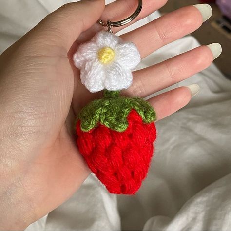 Crochet strawberry keychain bag charm made with green and red yarn. Perfect for adding a pop of color to your keys or.#crochetkeychain #handmadegifts #DIYkeychain #crochetlove #keychainaddict Preppy Crochet, Crochet Strawberry Keychain, Preppy Keychain, Sunflower Granny Square Pattern, Sunflower Granny Square, Strawberry Keychain, Strawberry Crochet, Red Keychain, Pattern Home Decor