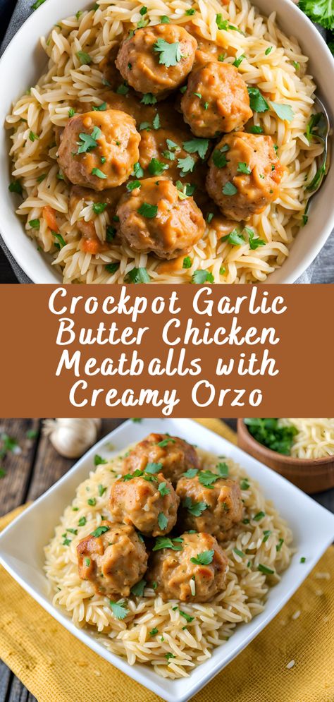 Crockpot Garlic Butter Chicken Meatballs with Creamy Orzo is a comforting and flavorful dish that brings together tender chicken meatballs simmered in a rich garlic butter sauce, served with creamy orzo pasta. This recipe is perfect for busy weeknights or relaxed weekends when you want a delicious meal without spending hours in the kitchen. The slow cooker does most of the work, ensuring the meatballs are juicy and flavorful, while the orzo cooks to creamy perfection on the stovetop. Let's ... Chicken Meatballs And Orzo Recipes, Chicken Meatball Crockpot Recipes, Chicken And Orzo Crockpot, Crockpot Chicken Meatballs, Crockpot Orzo Recipes, Orzo Crockpot Recipes, Crockpot Garlic Butter Chicken Meatballs, Crockpot Orzo, Chicken Meatballs And Orzo