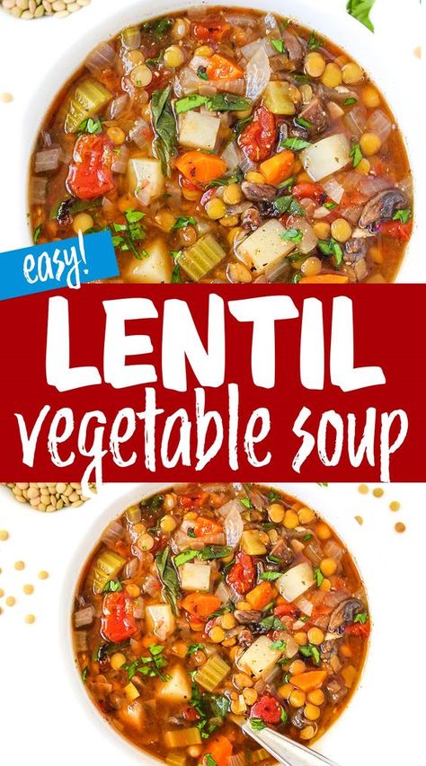 Lentil Vegetable Soup (Easy!) Veggie Lentil Soup Crock Pot, Vegetable Lentil Soup Recipe Crockpot, Lentil Veggie Soup Recipe, Vegetable Soup Lentil, Italian Vegetable Lentil Soup, Veg Lentil Soup Recipes, Jewish Lentil Soup Recipe, Easy Lentil Vegetable Soup, Lentil Soup With Vegetables