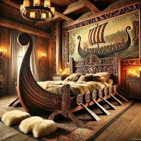 Viking Home Decor Interior Design, Viking Room Ideas, Viking Room Decor, Viking Inspired Home, Viking House Interiors, Viking Bedroom, Viking Home Decor, Dark Academia Home, Nordic Symbols