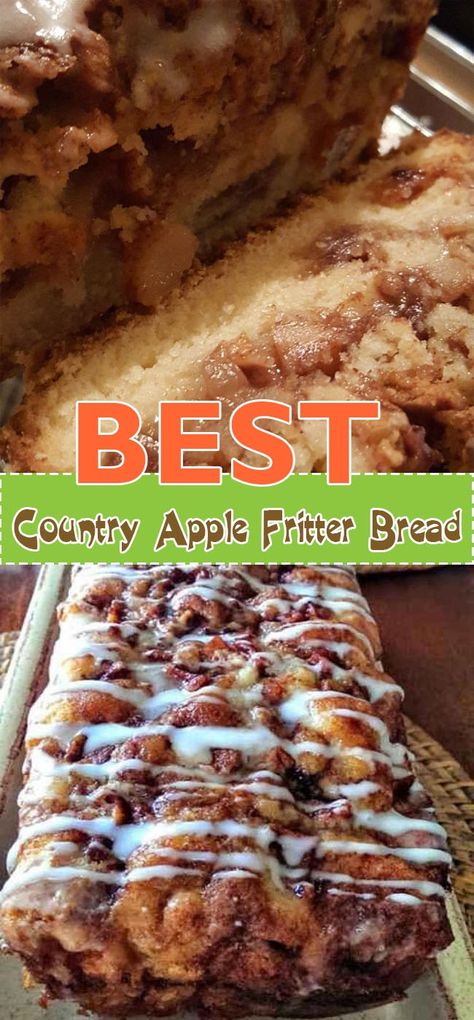 Country Apple Fritter Bread Apple Fritter Bread Recipe Easy, Apple Fritter Bread Recipe, Fritter Bread Recipe, Country Apple Fritter Bread, Apple Fritters Bread Recipe, Easy Apple Fritters Recipe, Apartment Meals, Apple Fritter Cake, Baked Apple Fritters