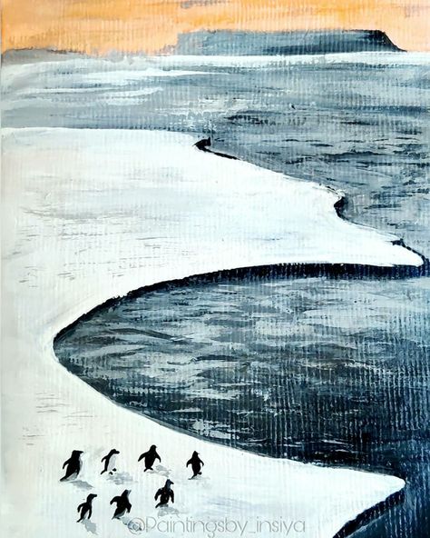 This is a small landscape painting done with acrylic colors on paper. I love the warmth of the sunset on the freezing Antarctica landscape, with it's cute penguins. Artic Painting, Antarctica Drawing, Penguin Painting Acrylic, Penguins Painting, Arctic Painting, Window Paint, Tolkien Quotes, Arctic Landscape, Penguin Drawing