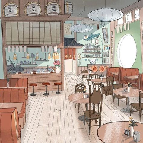 #Disney #bh6 early idea for the cafe! http://ift.tt/1xu6tTR pic.twitter.com/a5aG8MMI3C Victoria Ying, Bg Design, Art Demo, Cafe Art, Disney Concept Art, Background Drawing, Interior Illustration, Sushi Bar, The Cafe