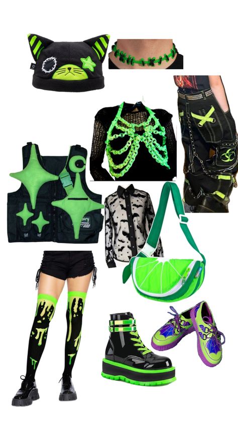 Neon Green Cyberpunk Outfit, Green Goth Clothes, Neon Punk Fashion, Punk Fashion Aesthetic, Neon Green Outfits, Neon Goth, Alien Halloween Costume, Space Age Fashion, Cyberpunk Outfit