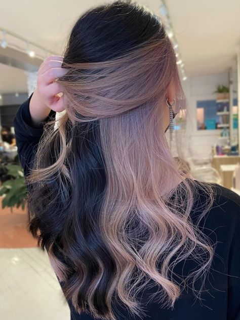 Ash Blonde Peekaboo Layer Under Layer Peekaboo, Peekaboo Ash Blonde, Blonde Hair With Brown Peek A Boo, Peekaboo Money Piece, Ash Blonde Peekaboo Highlights, Dark Brown With Peekaboo Blonde, Dark Brown Hair With Ash Blonde Peekaboos, Ash Purple Peekaboo Hair, Ash Brown Peekaboo Highlights