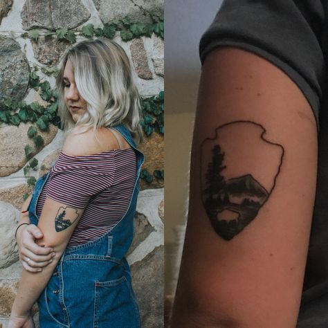 National Parks tattoo National Park Logo Tattoo, Olympic National Park Tattoo, National Park Service Tattoo, Park Ranger Tattoo, National Park Tattoo Sleeve, Yellowstone National Park Tattoo Ideas, Arches National Park Tattoo, Yellowstone National Park Tattoo, National Parks Tattoo Ideas