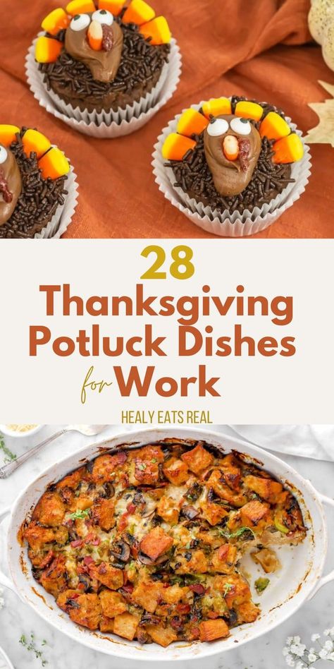 A collage displaying the text "28 Thanksgiving Potluck Dishes for Work" alongside images of turkey-themed desserts and a baked vegetable dish. Thanksgiving Breakfast Potluck Ideas, Autumn Potluck Dishes, What To Bring To A Work Potluck, Potluck Work Ideas, Thanksgiving Work Party Food, Thanksgiving Potluck Recipes For Work, Thanksgiving Luncheon Ideas For Work, Thanksgiving Carry In Ideas For Work, Staff Potluck Ideas