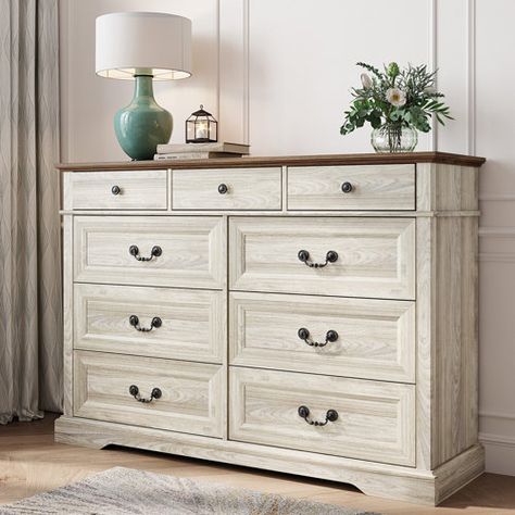 Lark Manor Arnout 12 - Drawer Dresser | Wayfair White Wood Dresser, Antique Handles, Farmhouse Dresser, Wide Chest Of Drawers, Long Dresser, Dresser For Bedroom, Dresser Organization, Painted Drawers, 9 Drawer Dresser