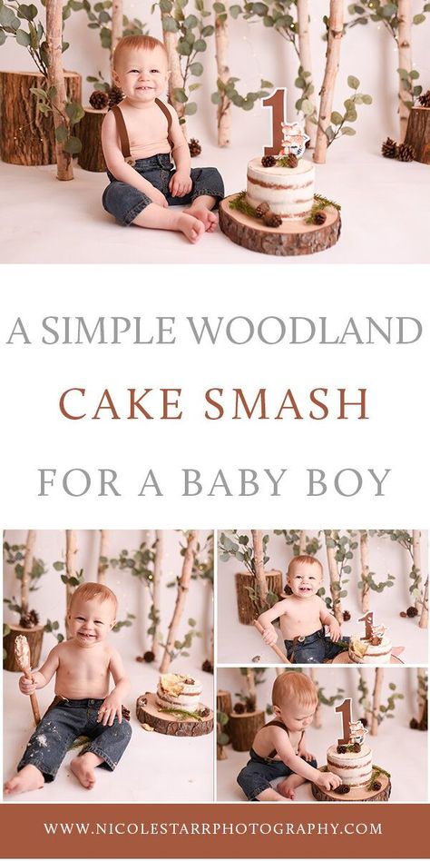 Woodland One Year Old Photoshoot, Woodland First Birthday Smash Cake, Woodland Theme Cake Smash, Woodland First Birthday Photo Shoot, Wild One Photo Shoot Boy, Boy Cake Smash Photos, Cake Smash Theme Boy, Rustic Smash Cake, Cake Smash Photos Boy