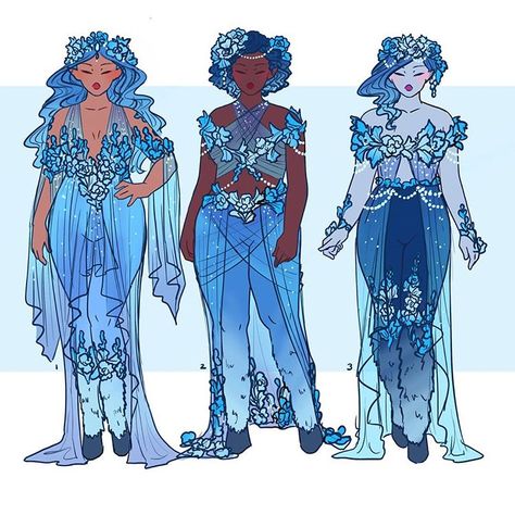 Hannah Alexander Artwork no Instagram: “The first centauress in our lineup is going to be revealed on monday! Which of these delphinium inspired dresses do you prefer? If you…” Water Fairy Costume, Hannah Alexander Artwork, Fantasy Dress Drawing, Hannah Alexander, Water Clothing, Magical Girl Outfit, Water Fairy, Fair Outfits, Tropical Outfit