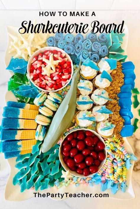 Surfs Up Birthday Party Food, Surfs Up Party Food, Shark Themed Charcuterie Board, Under The Sea 4th Birthday Party, Ocean Party Snacks, Ocean Themed Charcuterie Board, Beach Themed Charcuterie Board, Ocean Charcuterie Board, Beach Themed Food For Party