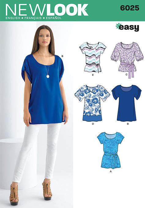 New Look 6025 from New Look patterns is a Misses' Tops/tunics sewing pattern Naaien Blouses, New Look Patterns, Tunic Sewing Patterns, Sewing Blouses, Sewing Tops, Tunic Pattern, Top Sewing Pattern, Easy Sewing Patterns, Simplicity Patterns