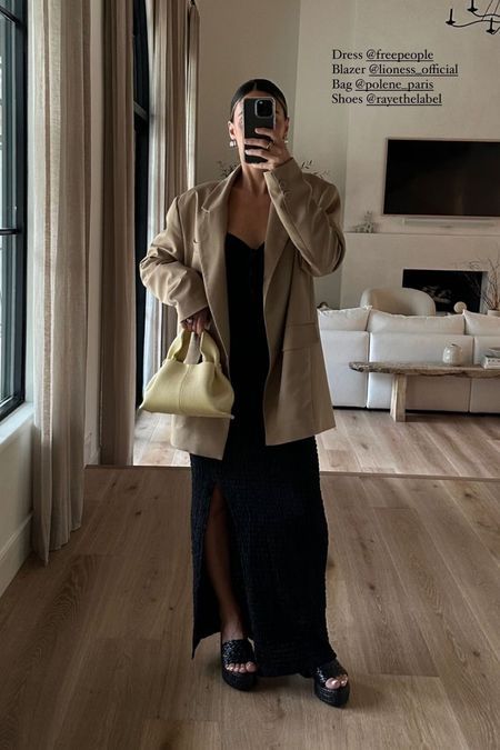 Oversized Blazer Outfit Dress, Jackets With Long Dresses Outfit Ideas, Oversized Blazer Formal Outfit, Knit Dress With Blazer, Oversized Blazer With Dress Outfit, Long Dress Blazer, Long Dress And Jacket Outfit, Long Dress And Blazer Outfit, Long Dress With Jacket Outfit