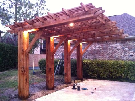 Cedar Timber Pergola Cantaleavered Pergola, Cedar Deck With Pergola, Cantilever Pergola Plans, Car Pergola, Pergola Rafter Tails Design, Carport Garden, Pergola Extension, Rustic Cedar Log Pergola, Cantilever Pergola